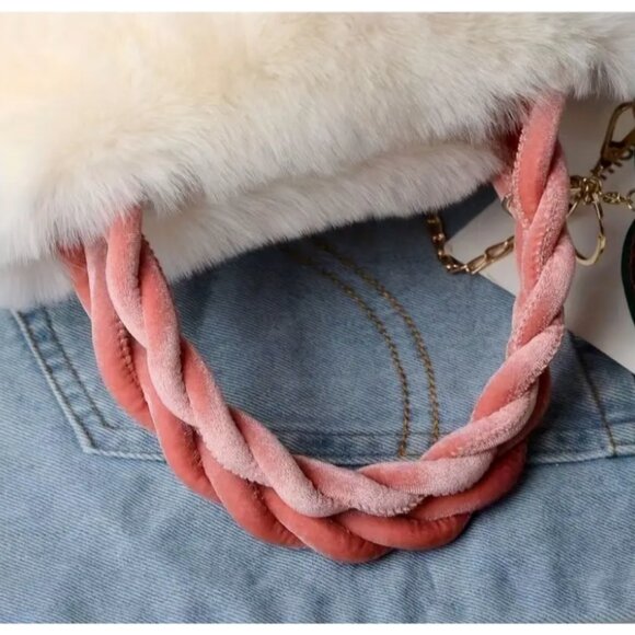 Plush BLACK Fur Bucket Bag Two PINK Pom Pom CHERRIES Fall School Trendy - Picture 5 of 12